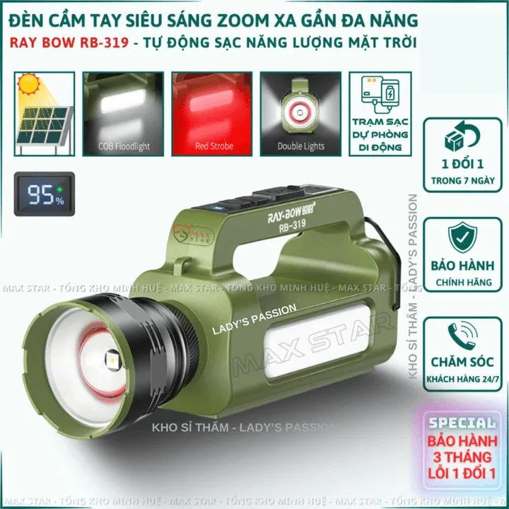 Đèn Pin Cầm Tay Siêu Sáng Ray Bow Rb 319 Zoom Sáng Gom Tỏa Xa Gần, Pin Dung Lượng Cao, Sạc Năng Lượng Mặt Trời Gd224 - Lady's Passion