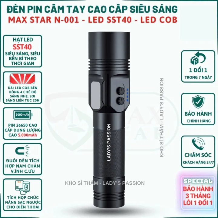 Đèn Pin Cầm Tay Siêu Sáng Cao Cấp Max Star N001 Led Sst40 Chính Hãng Pin Trâu Sạc Ngược Chân Cáp Sạc Nhanh Typec Gd225 - Lady's Passion
