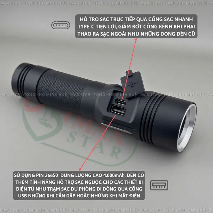 Alternative view of Đèn Pin Cầm Tay Siêu Sáng Cao Cấp Max Star N001 Led Sst40 Chính Hãng Pin Trâu Sạc Ngược Chân Cáp Sạc Nhanh Typec Gd225 - Lady's Passion