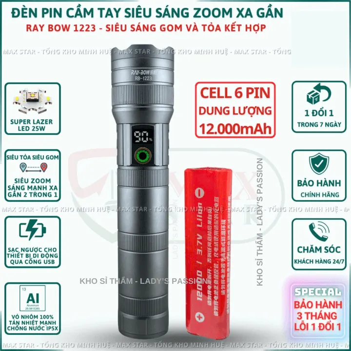 Đèn Pin Cầm Tay Siêu Sáng Raybow 1223 Pin Siêu Trâu 12000mah Soi Gom Tỏa Xa Gần Chống Nước Vỏ Nhôm Chất Lượng Cao Gd226 - Lady's Passion