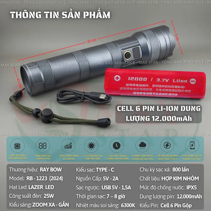 Alternative view of Đèn Pin Cầm Tay Siêu Sáng Raybow 1223 Pin Siêu Trâu 12000mah Soi Gom Tỏa Xa Gần Chống Nước Vỏ Nhôm Chất Lượng Cao Gd226 - Lady's Passion