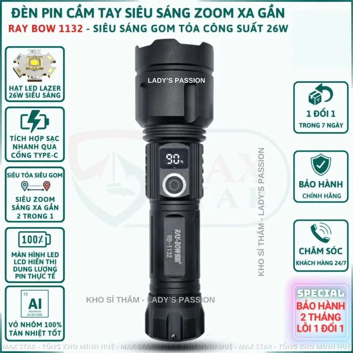 Đèn Pin Cầm Tay Raybow 1132 Siêu Sáng Zoom Xa Gần Sạc Ngược Cho Điện Thoại Chip Led Công Suất 26w Gd227 - Lady's Passion
