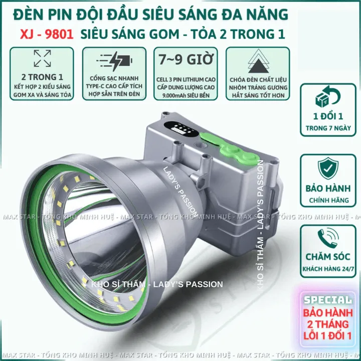 Đèn Pin Đội Đầu Siêu Sáng Đa Năng Xj9801 Siêu Sáng Gom Tỏa 2 Trong 1 Sáng Mạnh Pin Trâu Hiển Thị Pin Sạc Type C Gd231 - Lady's Passion