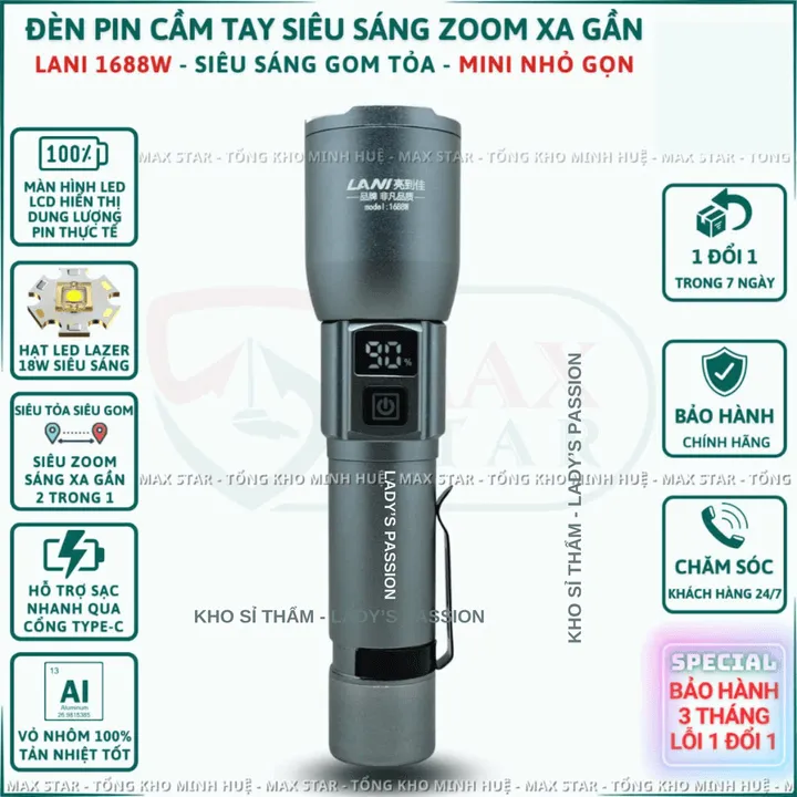 Đèn Pin Cầm Tay Siêu Sáng Mini Lani 1688w Zoom Sáng Xa Gần Hiển Thị Phần Trăm Pin Pin Trâu Chống Nước Vỏ Nhôm Cao Cấp Gd232 - Lady's Passion