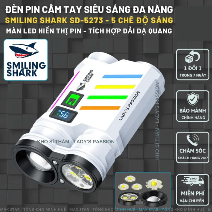 Đèn Pin Siêu Sáng Smiling Shark Sd5273 Cầm Tay 5 Chế Độ Sáng Màn Hình Led Lcd Hiển Thị Pin Tích Hợp Giải Dạ Quang Gd234 - Lady's Passion