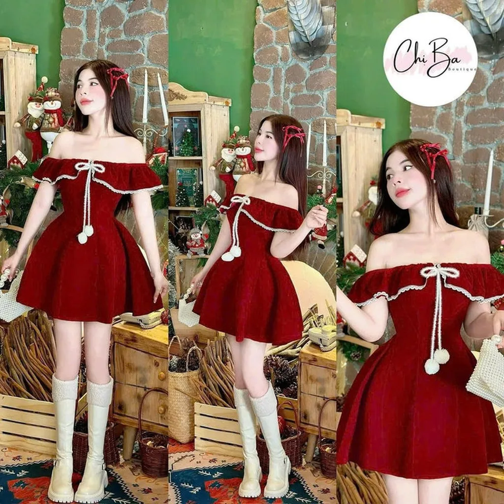 Váy Trễ Vai Nữ Vải Nhung Phối Ren Viền Đi Chơi Tết Hoặc Chơi Noel Đều Đẹp Tp91 - Golden Dream
