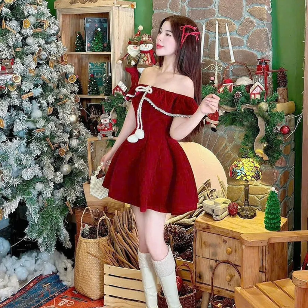 Alternative view of Váy Trễ Vai Nữ Vải Nhung Phối Ren Viền Đi Chơi Tết Hoặc Chơi Noel Đều Đẹp Tp91 - Golden Dream