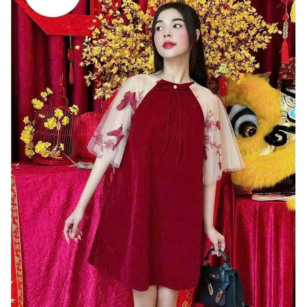 Đầm Nữ Vải Nhung Phối Tay Lưới Thêu Bướm Thắt Nơ Cổ Xinh Tp344 - Golden Dream