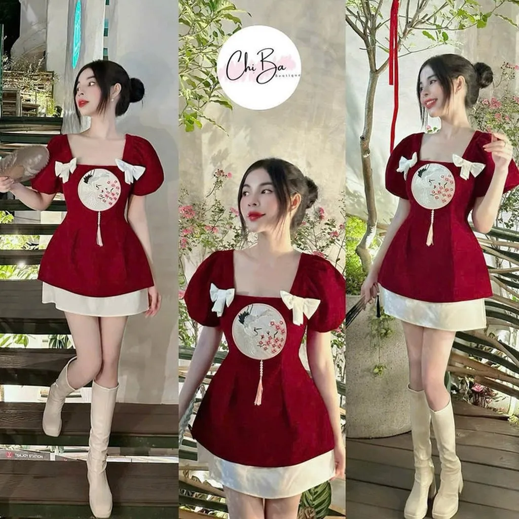 Set Áo Nhung Phối Chân Váy Tapta Có Lót Hình Thêu Phối Nơ Trắng 2 Bên Tp999 - Golden Dream