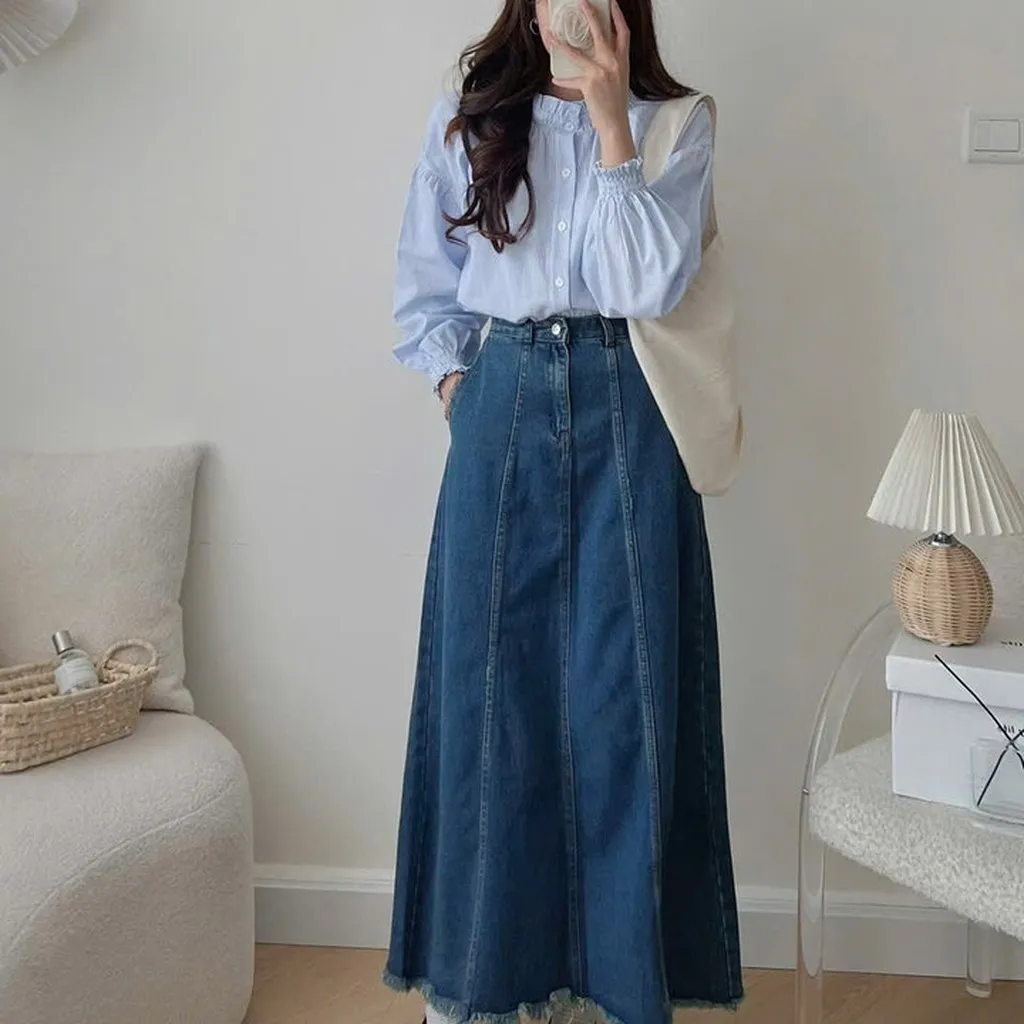[shoppumi] Chân Váy Jean Dáng Dài Tua Rua Sml Pumi 16530