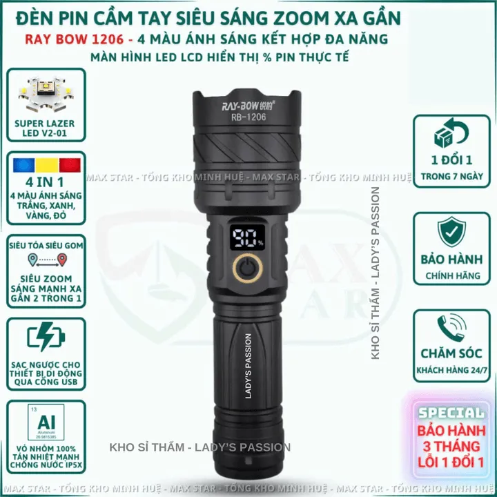 Đèn Pin Cầm Tay Siêu Sáng Raybow 1206 Zoom Xa Gần 4 Chế Độ Sáng Hiển Thị Phần Trăm Pin Sạc Ngược Cho Điện Thoại Gd236 - Lady's Passion