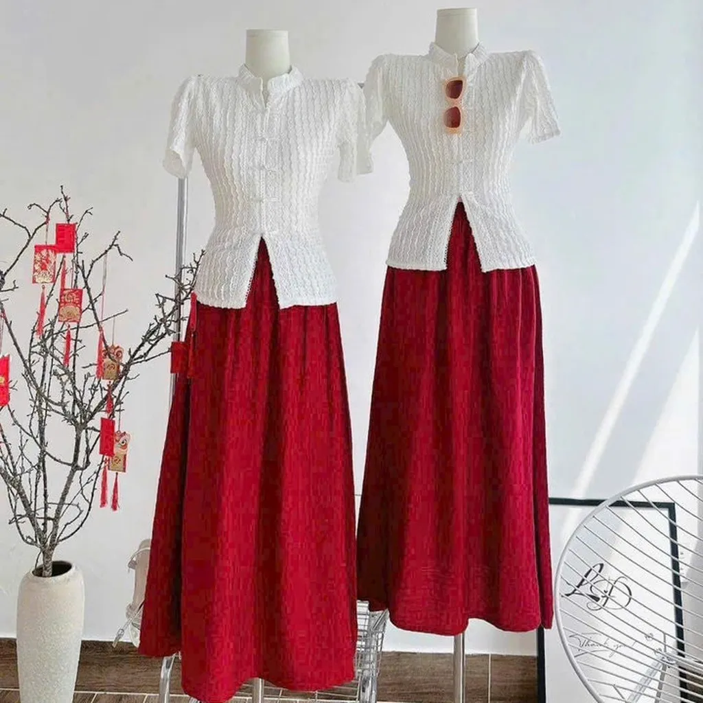 Alternative view of Sét Đầm Váy Nữ Áo Xốp Cổ Tàu Phối Váy Tơ 2 Lớp Đi Chơi Tết, Chơi Noel Đều Đẹp Tp20 - Golden Dream