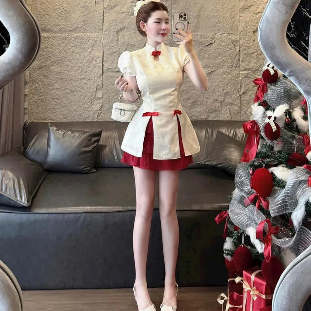 Alternative view of Sét Đầm Váy Nữ Áo Gấm Xẻ Tà Phối Váy Tơ Có Lót Quần Xinh Tp40 - Golden Dream