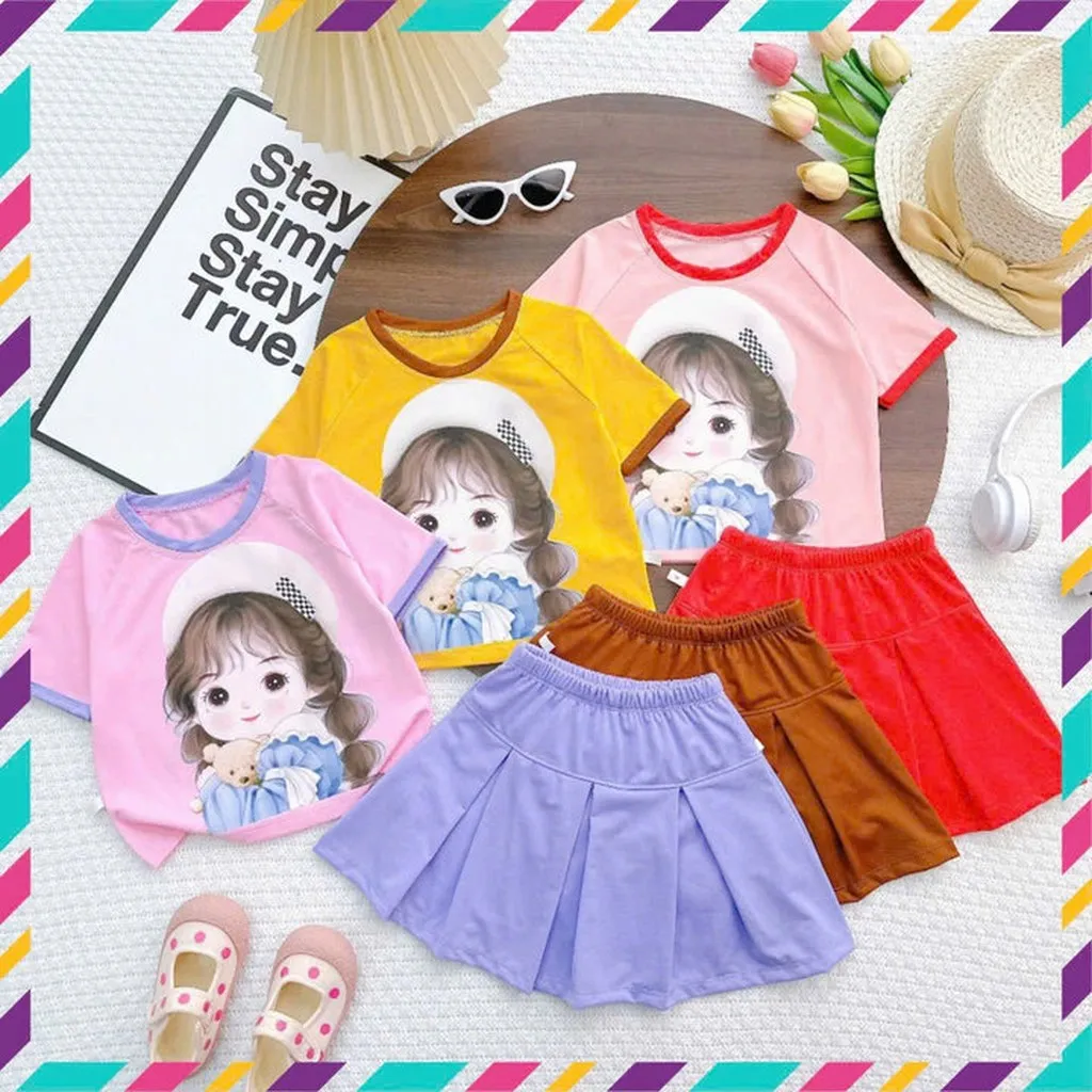 Set Váy Xếp Ly Bé Gái In Bé Nón, Váy Có Quần Chip Trong Chất Thun Mềm - Be Yourself