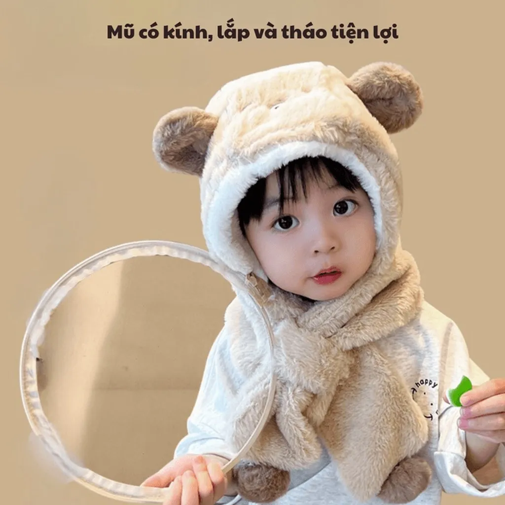 Alternative view of Combo Mũ Trùm Đầu Có Kính Giữ Ấm 4 Trong 1 Bh Kids Cho Bé, Chống Giọt Bắn, Vải Lông Cừu, In Hình Gấu Xinh Xắn Ch175 - Bh Kids