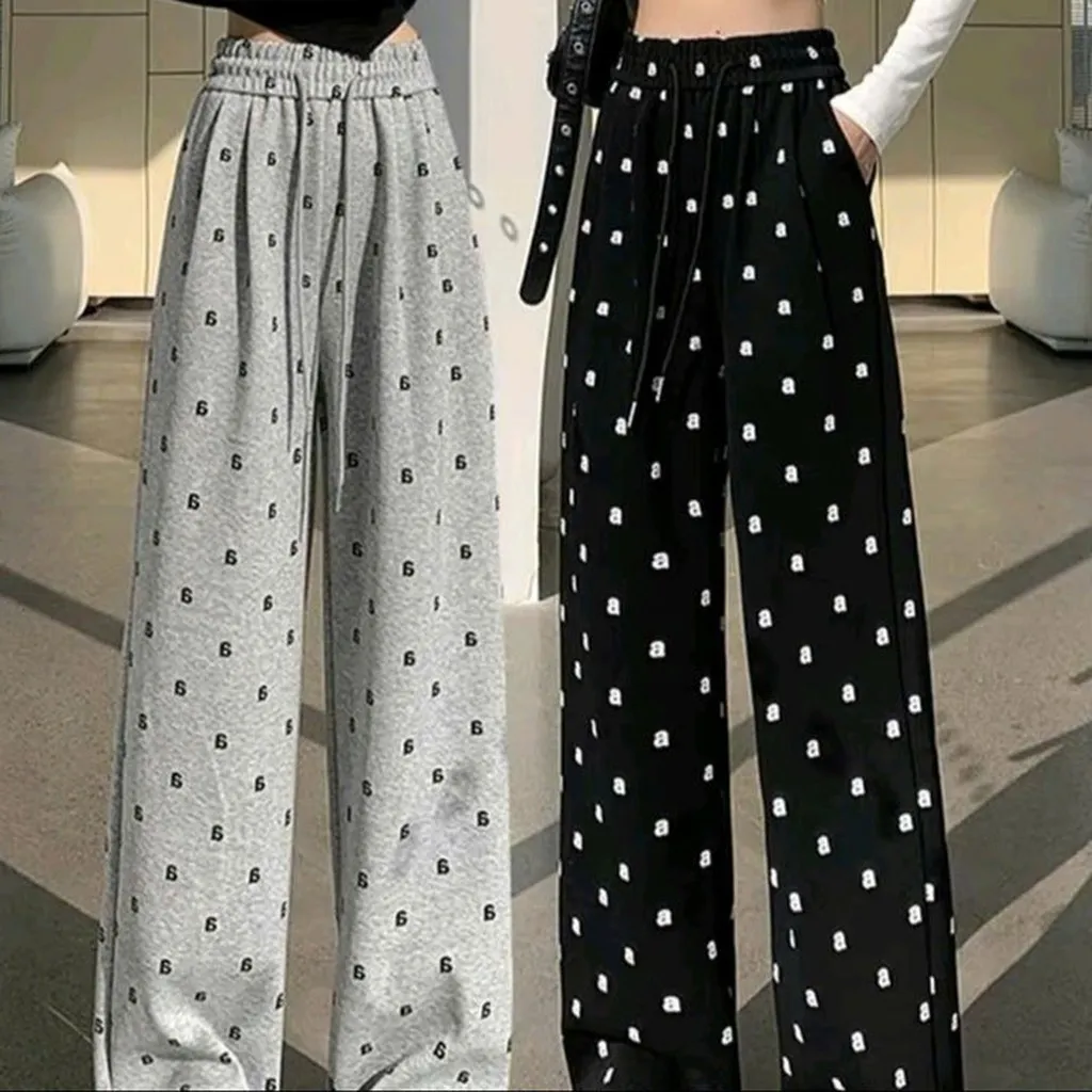 Quần Ống Xuông Hoạ Tiết Chữ Aa Trendy Cạp Cao Lưng Chun