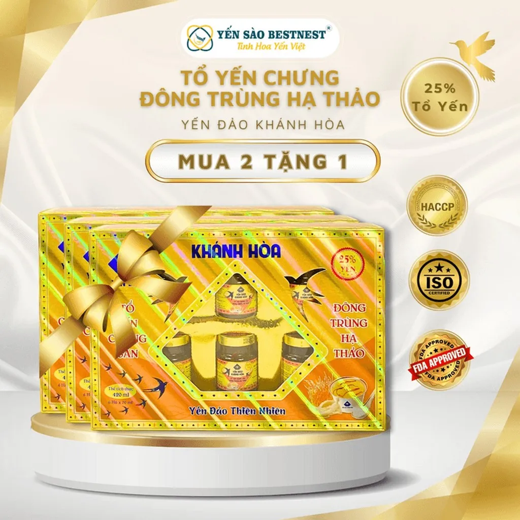 [mua 2 Tặng 1] Yến Đảo Khánh Hòa - Tổ Yến Chưng Sẵn Đông Trùng Hạ Thảo 25% - Hộp Quà 6 Hũ X 70ml