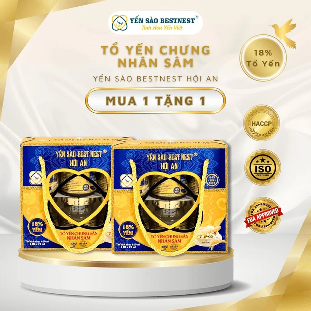 [mua 1 Tặng 1] Yến Sào Bestnest Hội An - Tổ Yến Chưng Sẵn Nhân Sâm 18% - Hộp Quai Xách 6 Hũ X 70ml