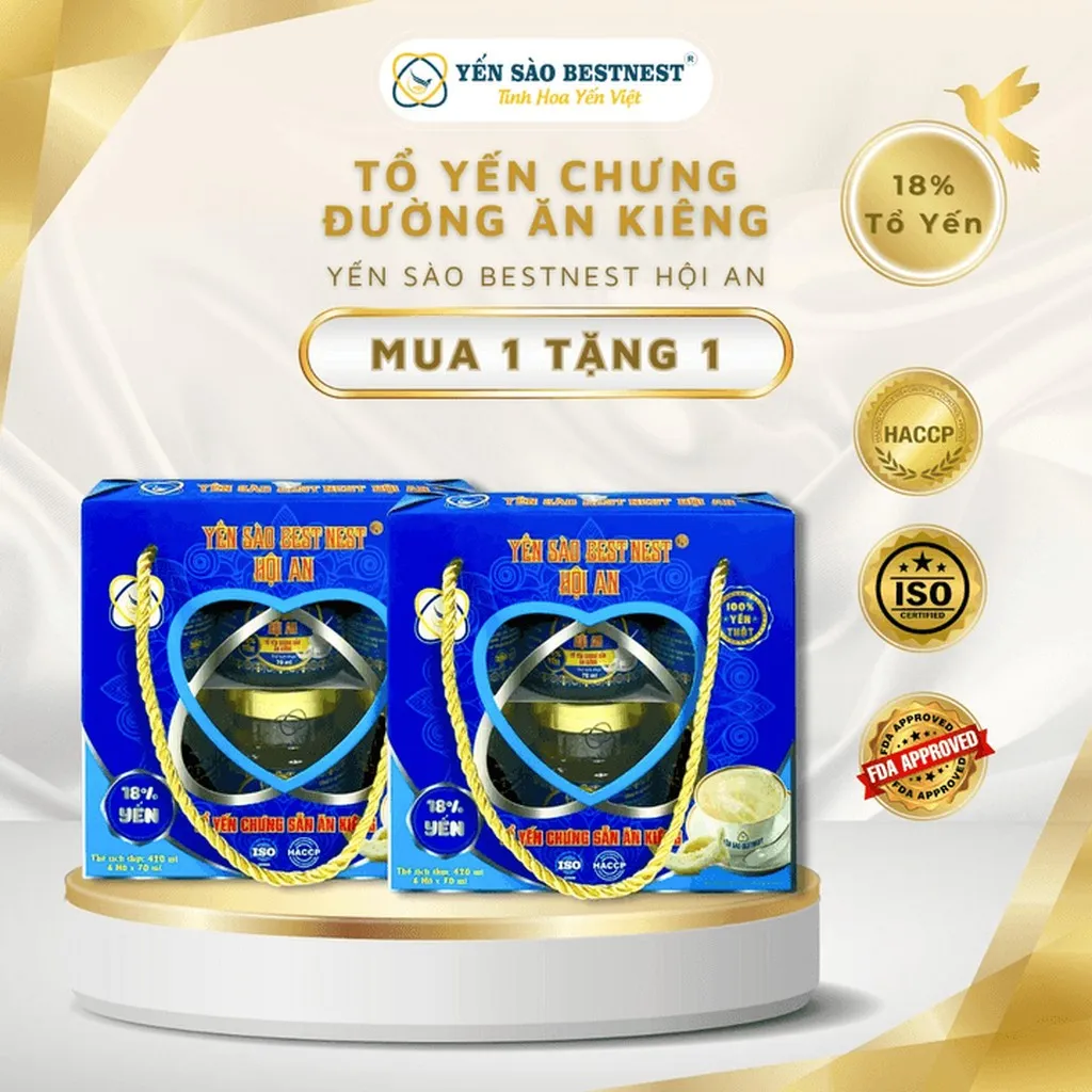 [mua 1 Tặng 1] Yến Sào Bestnest Hội An - Tổ Yến Chưng Sẵn Đường Ăn Kiêng 18% - Hộp Quai Xách 6 Hũ X 70ml