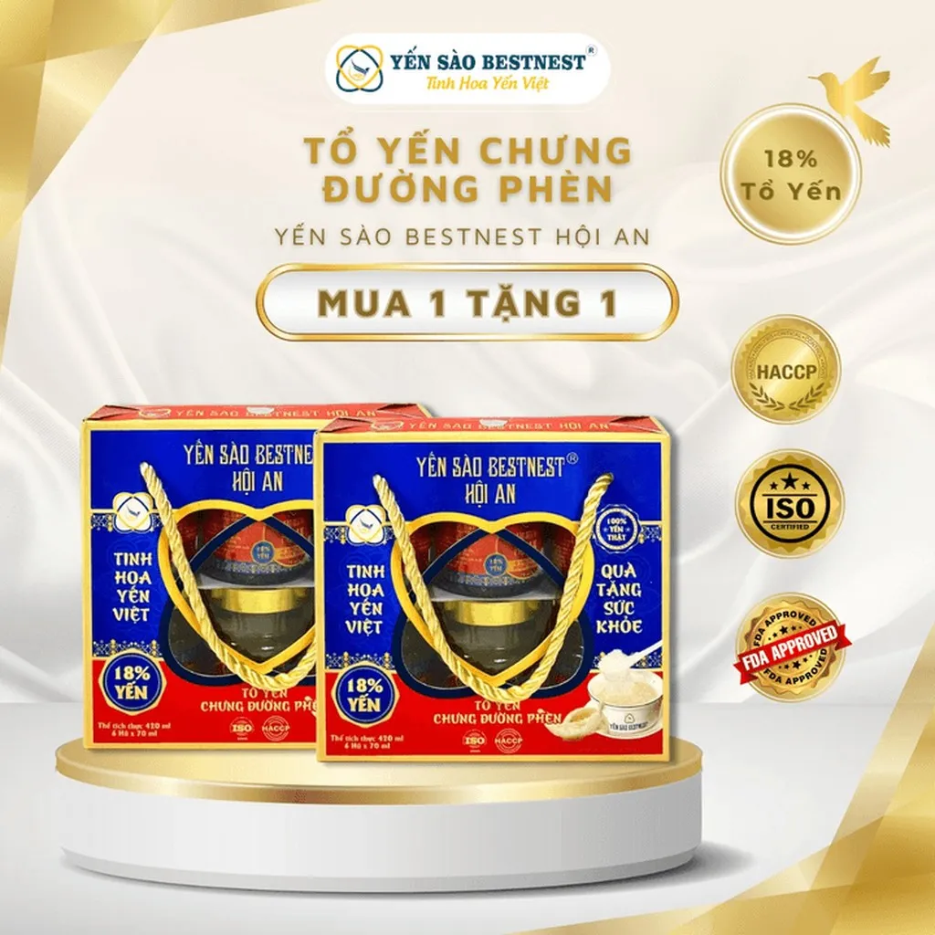 [mua 1 Tặng 1] Yến Sào Bestnest Hội An - Tổ Yến Chưng Sẵn Đường Phèn 18% - Hộp Quai Xách 6 Hũ X 70ml