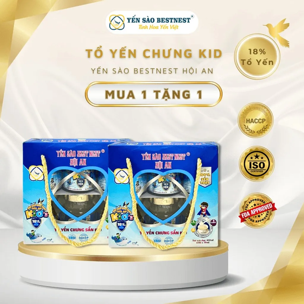 [mua 1 Tặng 1] Yến Sào Bestnest Hội An - Tổ Yến Chưng Sẵn Kid's 18%- Hộp Quai Xách 6 Hũ X 70ml