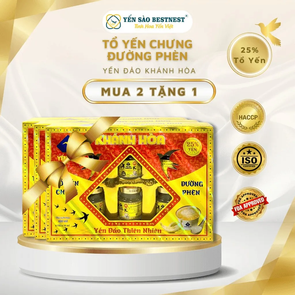 [mua 2 Tặng 1] Yến Đảo Khánh Hòa - Tổ Yến Chưng Sẵn Đường Phèn 25% - Hộp Quà 6 Hũ X 70ml