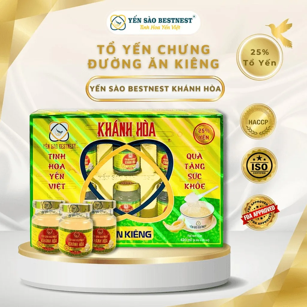 Yến Sào Bestnest Khánh Hoà - Tổ Yến Chưng Sẵn Đường Ăn Kiêng 25% (hộp 6 Hũ X 70ml)