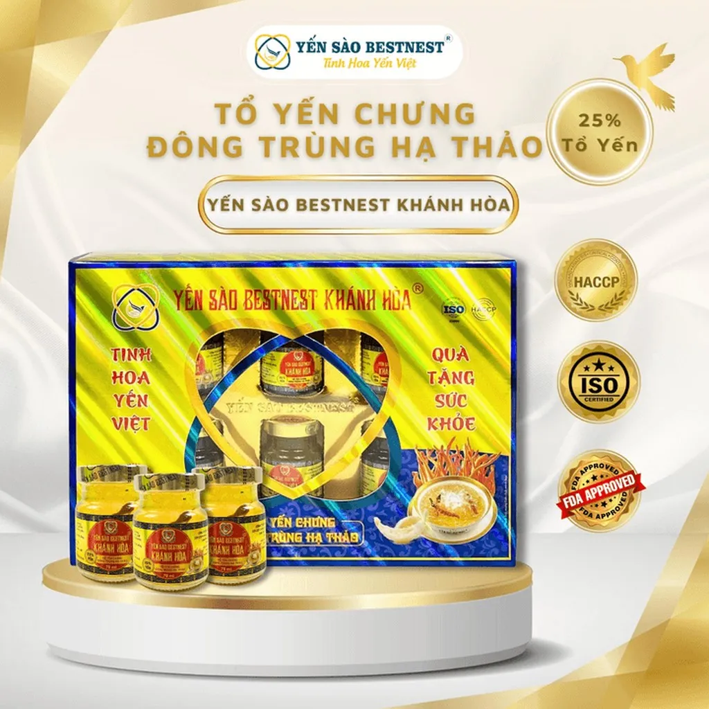 Yến Sào Bestnest Khánh Hoà - Tổ Yến Chưng Sẵn Đông Trùng Hạ Thảo 25% (hộp 6 Hũ X 70ml)