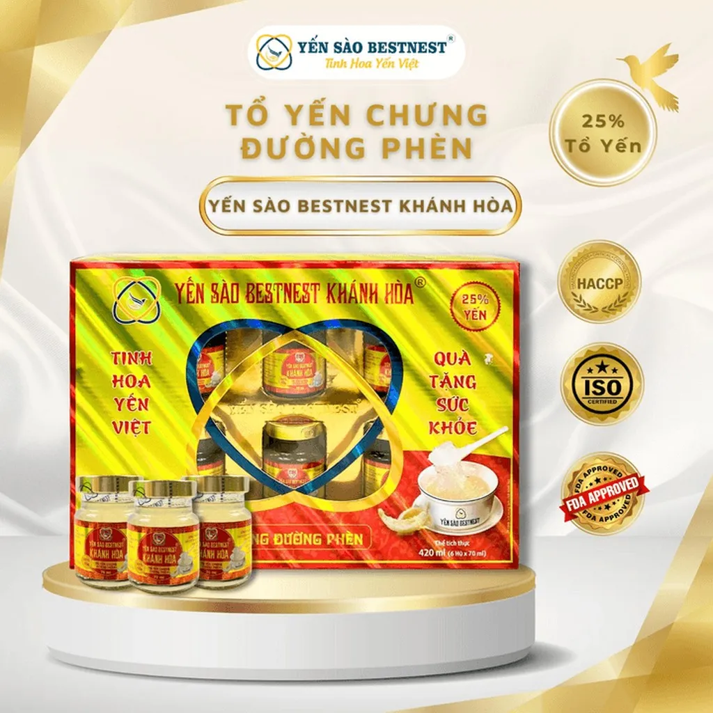 Yến Sào Bestnest Khánh Hoà - Tổ Yến Chưng Sẵn Đường Phèn 25% (hộp 6 Hũ X 70ml)