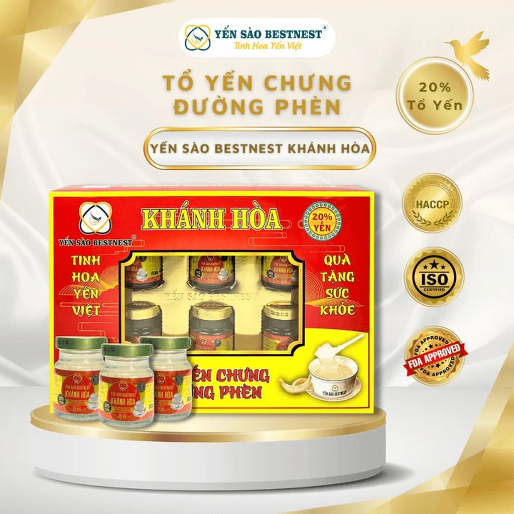 Yến Sào Bestnest Khánh Hoà - Tổ Yến Chưng Sẵn Đường Phèn 20% (hộp 6 Hũ X 70ml)