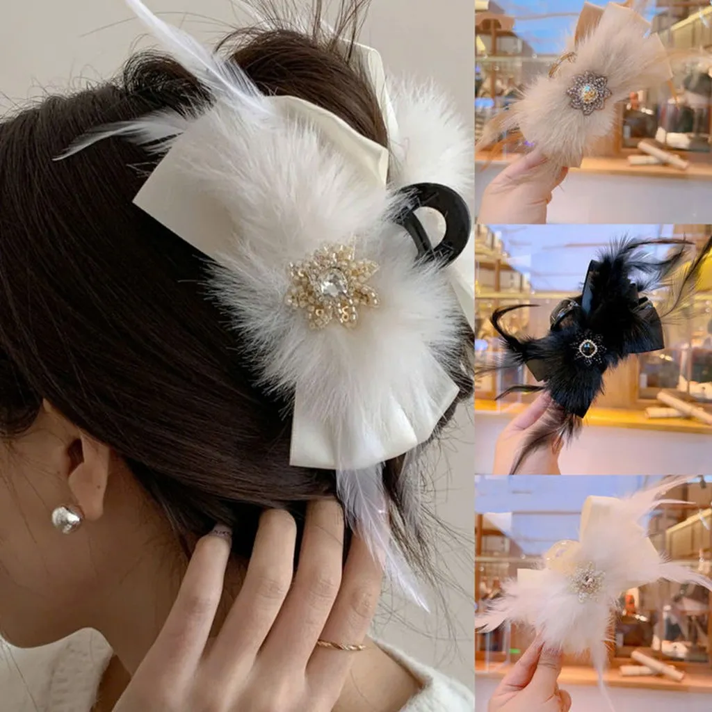 Kẹp Tóc Nơ Lớn Phối Lông Vũ Đính Đá Thanh Lịch Cho Nữ-dâu Shop