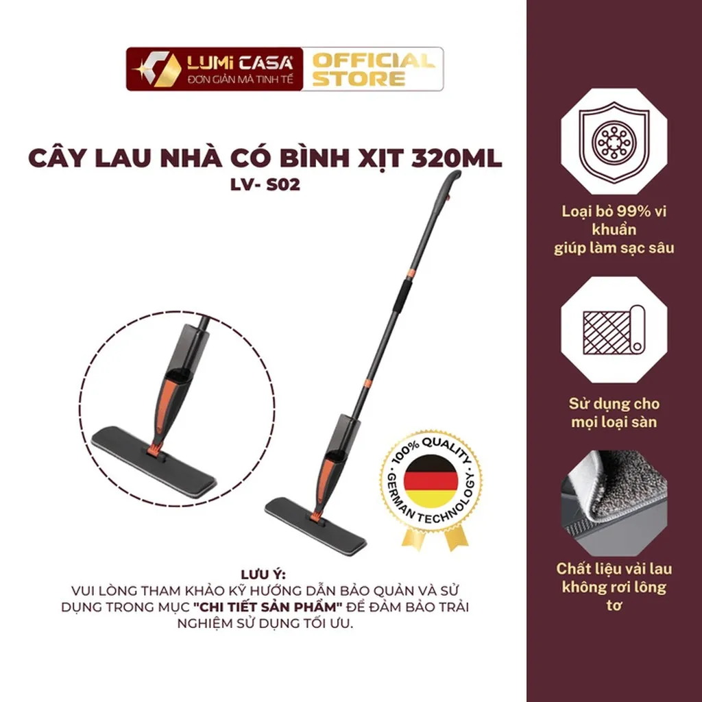 Cây Lau Nhà Phun Sương Thông Minh Lumi Casa Đa Năng - Công Nghệ Đức, Bình Xịt Nước 350ml