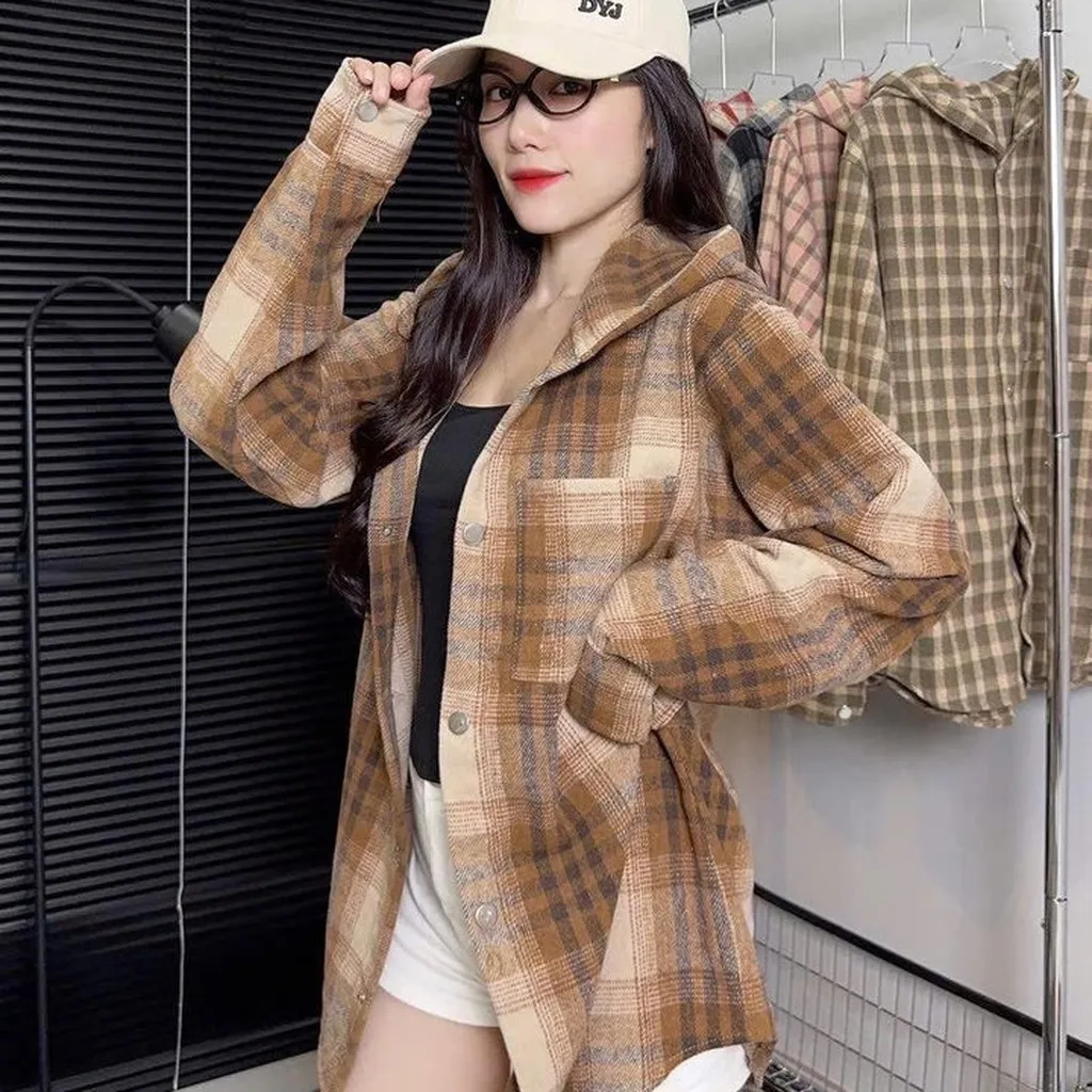 Alternative view of Áo Khoác Nỉ Sơ Mi Nam Nữ Caro Có Nón Chống Nắng Hot Trend - Htm Fashion