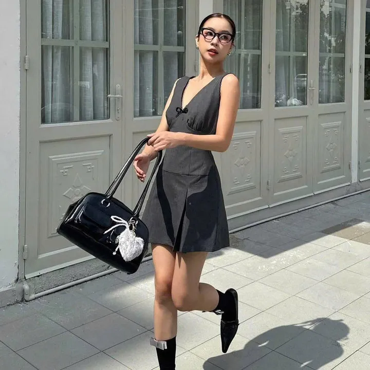 Alternative view of [shoppumi] Đầm Fallon Tone Xám Sát Nách Viền Ren Sm Pumi