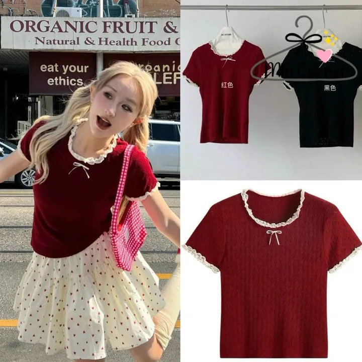 Áo Thun Coquetee Tay Ngắn Đính Nơ Cổ Phối Viền Ren Cổ Tay Chất Liệu Thun Tăm Lạnh Phong Cách Sexy Ms109 - Min Corner