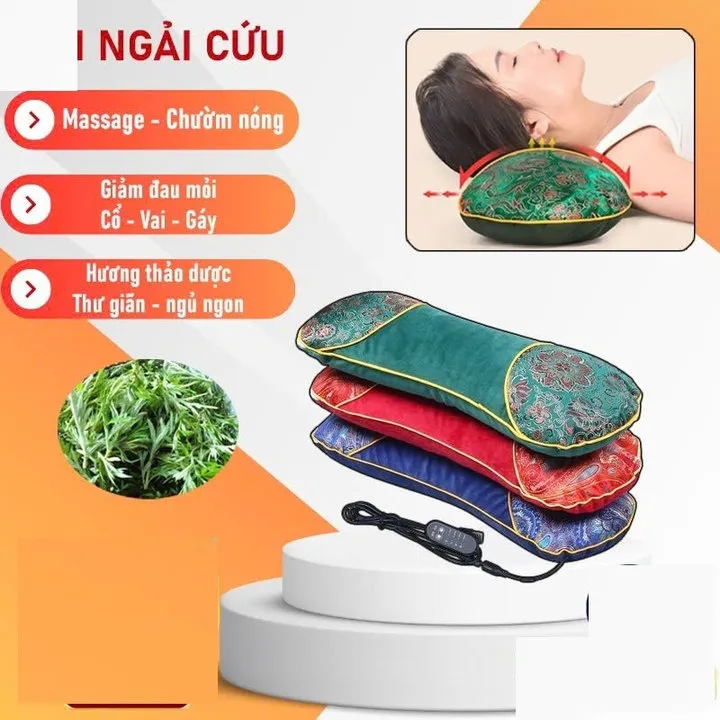 Gối Massage Cổ Vai Gáy Ngải Cứu Cắm Điện Làm Ấm - Su
