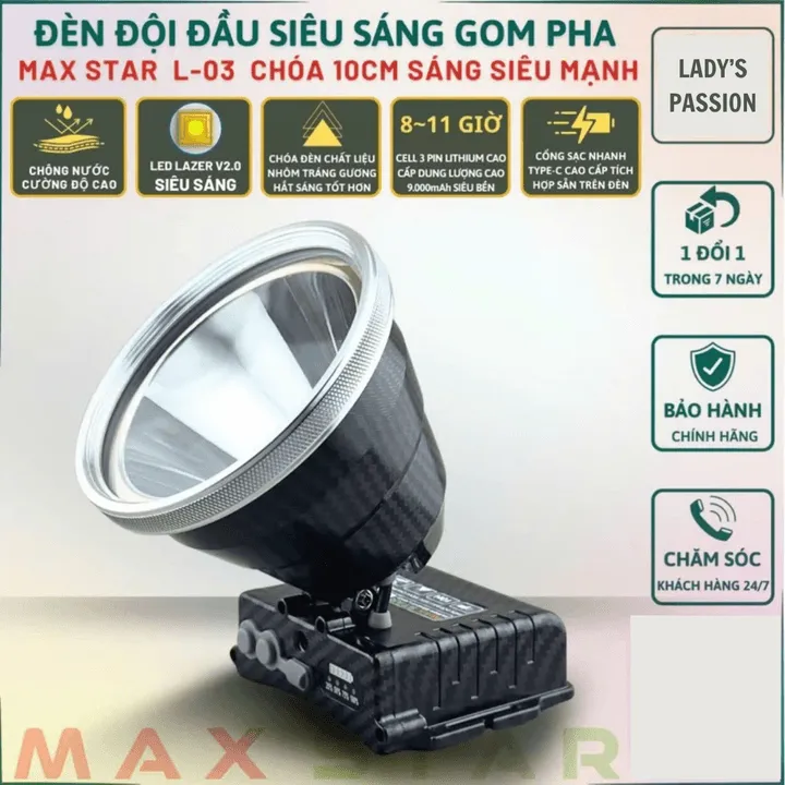 Đèn Đội Đầu Maxstar L03 Sáng Mạnh Gom Pha Pin Trâu Sạc Nhanh Gd245 - Lady's Passion