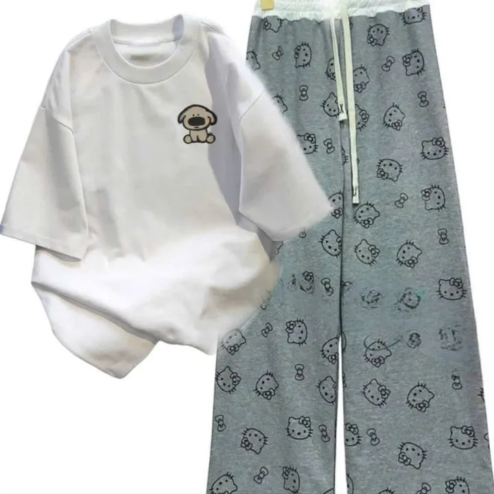 Sét Bộ Quần Quần Mèo + Mix Áo Phông In Hình Cún Nâu Ở Ngực