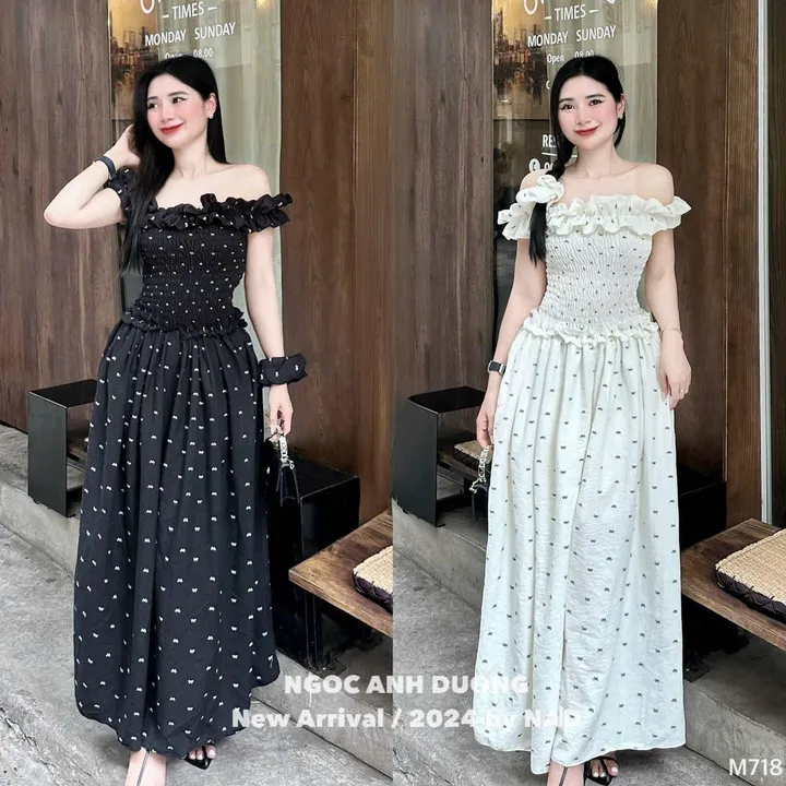 Đầm Lụa Nhún In Nơ Trễ Vai Bèo Dáng Dài Bt79mj-sam Store