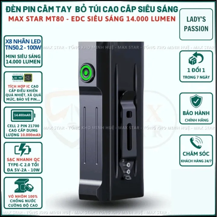 Đèn Pin Cầm Tay Maxstar Mt80 Edc Siêu Sáng Cực Mạnh 14000 Lumen, Pin 10000amh Hỗ Trợ Sạc Ngược Đt Gd250 - Lady's Passion