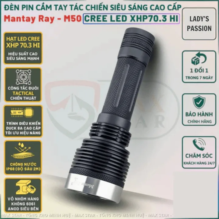 Đèn Pin Cầm Tay Manta Ray M50 Tác Chiến Siêu Sáng Led Xhp70.3 Hi, Chống Nước Ip68 Pin 21700 Cao Cấp Gd252 - Lady's Passion