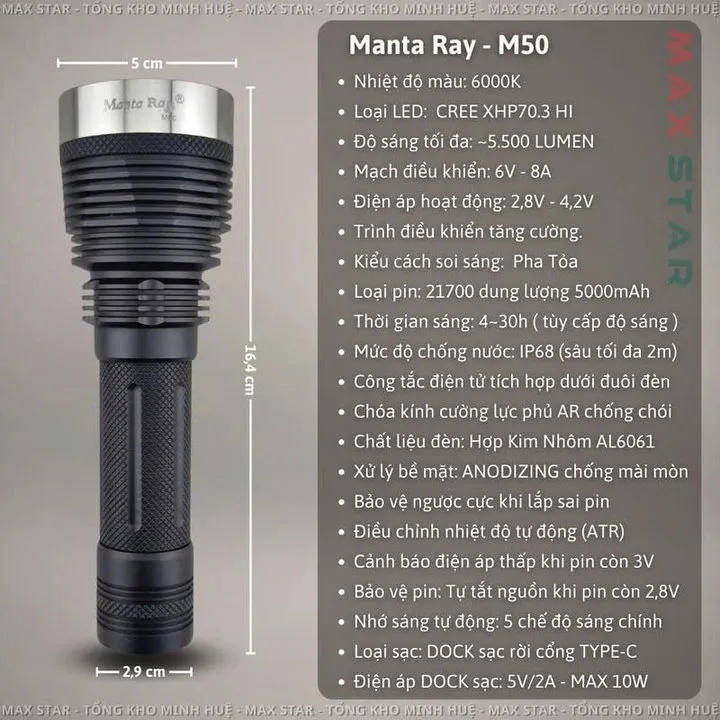 Alternative view of Đèn Pin Cầm Tay Manta Ray M50 Tác Chiến Siêu Sáng Led Xhp70.3 Hi, Chống Nước Ip68 Pin 21700 Cao Cấp Gd252 - Lady's Passion