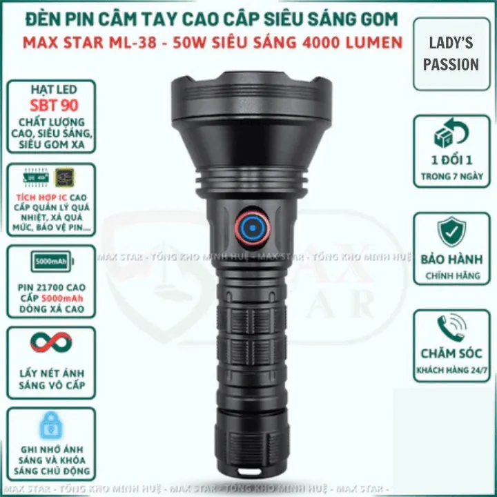 Đèn Pin Cầm Tay Maxstar Ml38 Siêu Sáng Soi Xa 1200m, Độ Sáng 4000 Lumen Chống Nước Ipx6 Gd257 - Lady's Passion