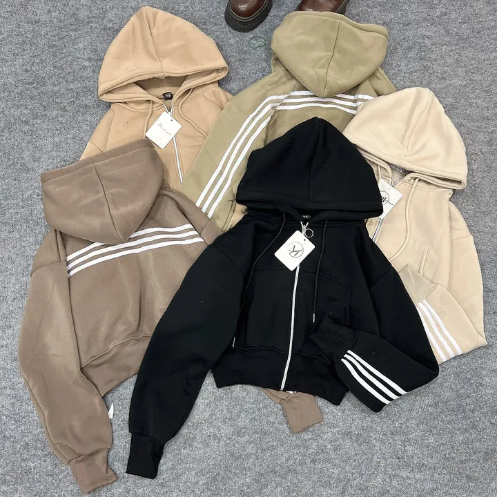 Áo Khoác Nỉ Lửng Xk Phối Tay 3 Sọc Có Nón Chống Nắng - Htm Fashion