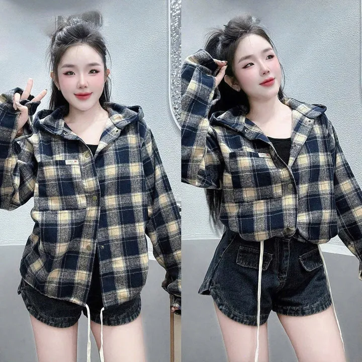 [t80] Áo Sơ Mi Nữ Chống Nắng Cúc Bấm Có Nón Rộng , Phối Sọc Kẻ Caro Nhiều Màu Form Rộng