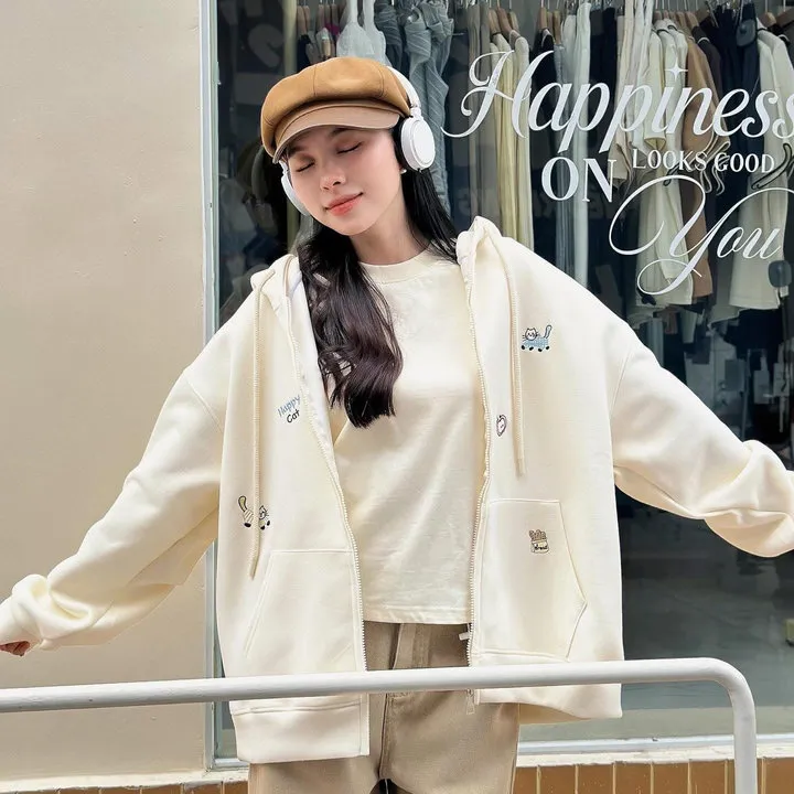 Áo Khoác Nỉ Xk Form Cồ Thiết Kế Khóa Kéo Họa Tiết Chú Mèo - Htm Fashion
